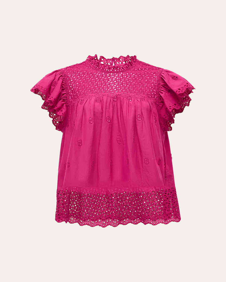 Kassi Ruffle-Sleeve Embroidered Cotton Top